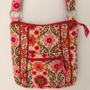 Vera Bradley 3 Pocket Quilted Floral Crossbody Bag - Pink & Orange Flowers
